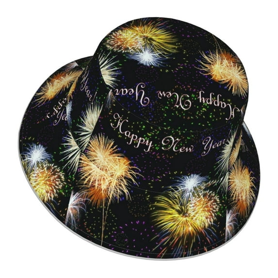 Firework Happy New Year Bucket Hat With Reflective Stripe Beach Sun Fishing Hat Reversible For Men Women