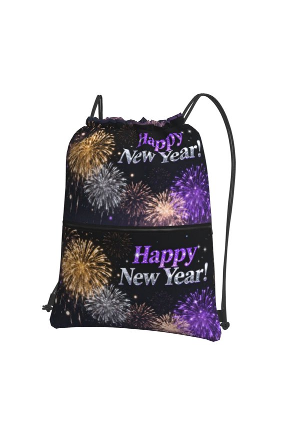Firework Happy New Year Drawstring Backpack Water Resistant String Bag Sports Sackpack Gym Sack For Men Women