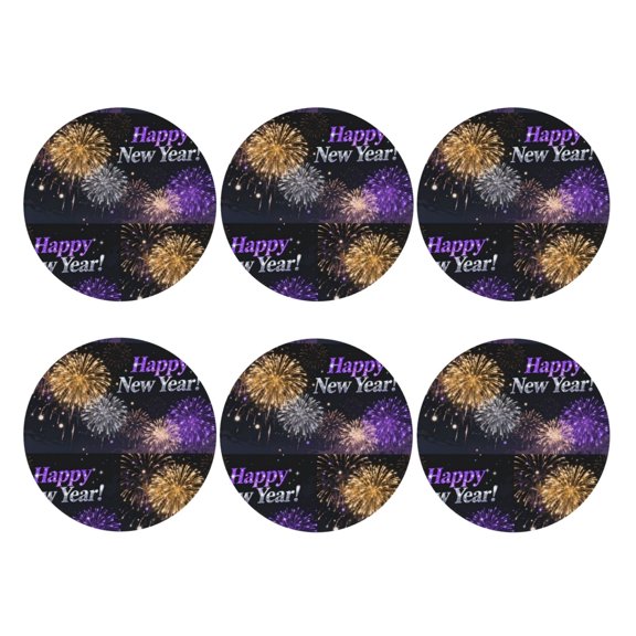 Firework Happy New Year Leather Drink Coasters for Drinks (6 Pack) for Tabletop Protection Round Shape