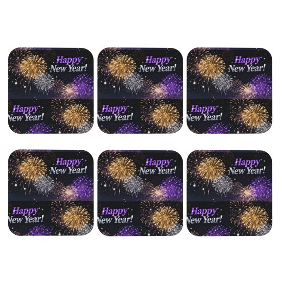 Firework Happy New Year Leather Drink Coasters for Drinks (6 Pack) for Tabletop Protection Square