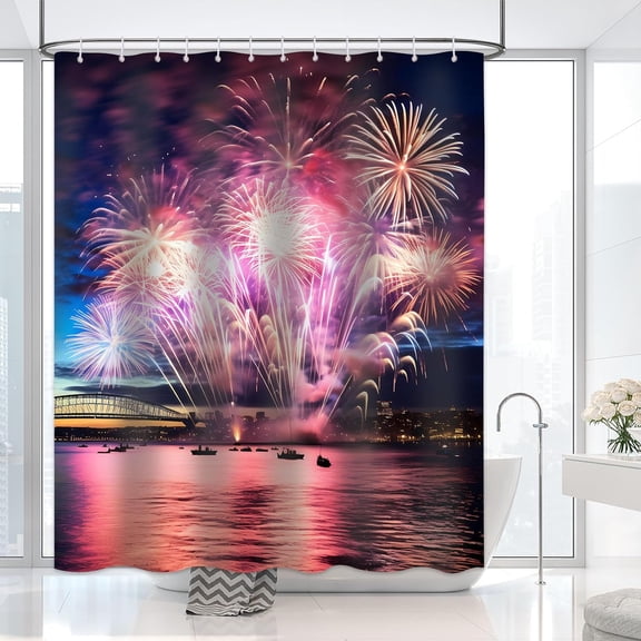 Firework Shower Curtain for Bathroom, 2024 Happy New Year Merry Christmas Shower Curtain Set Waterproof Fabric Bathtub Curtain Decor with 12 Hooks, 72x72 inches
