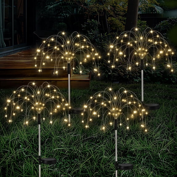 Firework Solar Garden Lights 4 Pack, 120 LED Solar Firework Lights with 8 Lighting Modes, Sparkler Starburst Solar Lights Outdoor for Yard Porch Patio Backyard, Warm