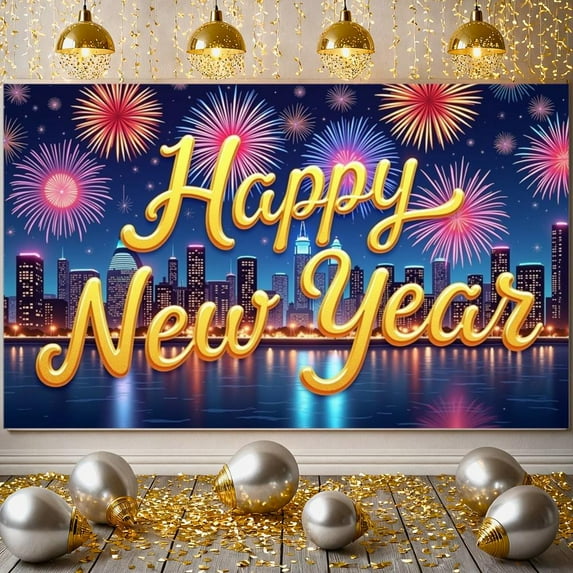 Firework Theme Happy New Year Banner Golden Font New Year Banner Colorful Firework Night City Design Celebration Banner for New Year Party Indoor Decoration Family Gathering