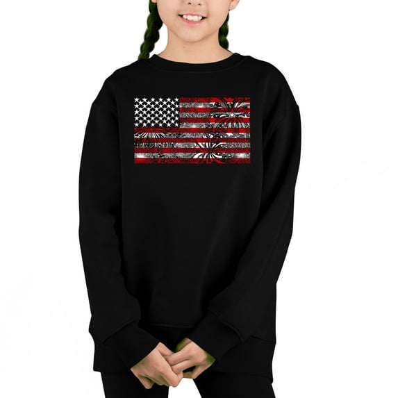 Fireworks American Flag - Girl's Word Art Crewneck Sweatshirt