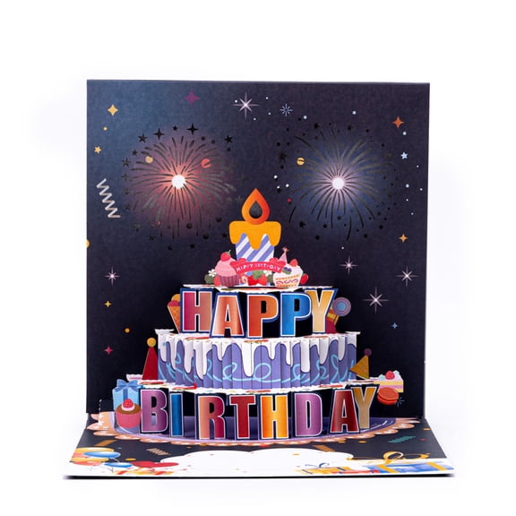 Fireworks Birthday Cards, 3D Pop Up Blowable Cake Light and Music Greeting Cards , Happy Birthday Gifts for Women Men Kids Mom Dad Grandma
