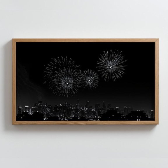 Fireworks City Skyline Wall Art Print, Black And White Urban Night Celebration Scene