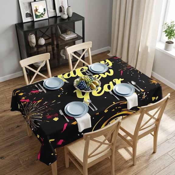 Fireworks Clock Rectangle Tablecloth 52x70 Inch Happy New Year Waterproof Polyester Tablecloth for Dining Table, Washable Table Cover for Kitchen Dining Room Wedding Decoration,Stain Resistant