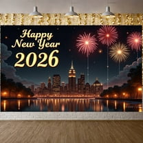 Fireworks Design Happy New Year Banner City Night View New Year Backdrop Golden Text Dark Background Festive Background for New Year Party 2026 Celebration Indoor Decoration