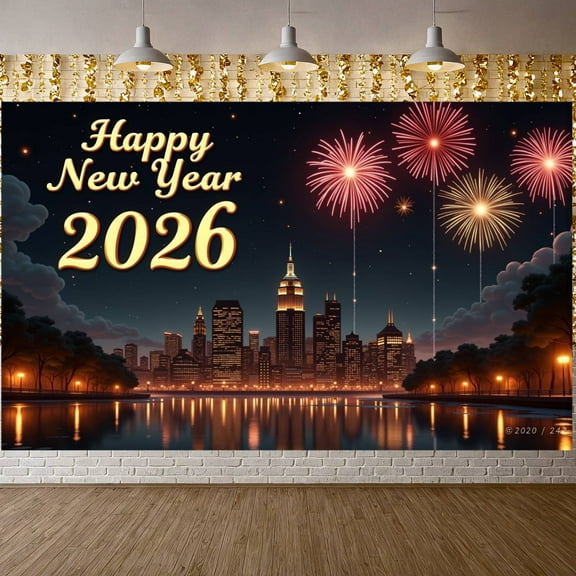 Fireworks Design Happy New Year Banner City Night View New Year Backdrop Golden Text Dark Background Festive Background for New Year Party 2026 Celebration Indoor Decoration