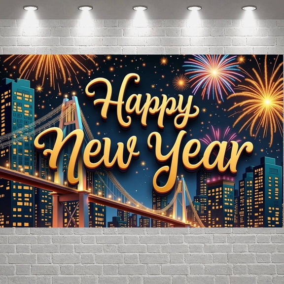 Fireworks Design Happy New Year Banner City Night View New Year Display Golden Lettering Bridge Festive Backdrop for New Year Party Night Celebration Urban Event