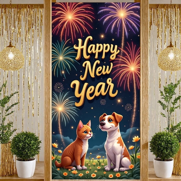Fireworks Design Happy New Year Banner Dog Pattern New Year Display Gold Lettering Night Sky Background Holiday Backdrop for New Year Party Family Party Holiday Photoshoot