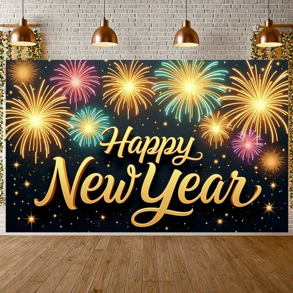 Fireworks Design Happy New Year Banner Golden Lettering New Year Display Colorful Sparkling Festive Backdrop for New Year Party Holiday Celebration Indoor Decoration