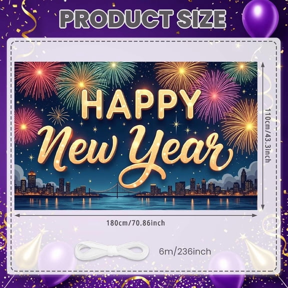 Fireworks Design New Year Banner City Night View Happy New Year Banner Gold Lettering Colorful Fireworks Holiday Banner for New Year Party New Year's Eve Celebration Indoor Decoration