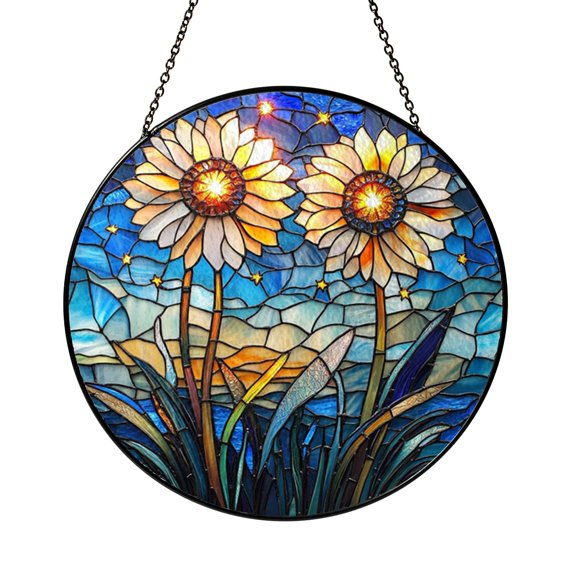 Fireworks Flower Sky Stained Glass Suncatcher Window Hanging, Colorful Floral Sky Window Art for Home Decor