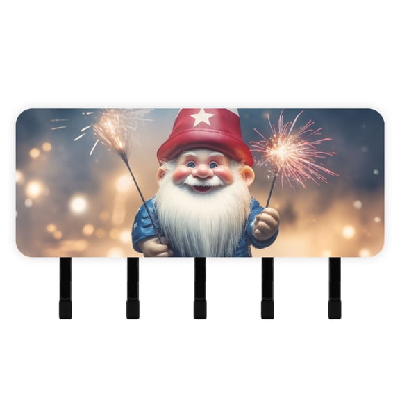 Fireworks Gnome American Flags Mail Holder Organizer Wall Mount with Shelf Key Holder Key Rack with 5 Key Hooks for Wall Decorative