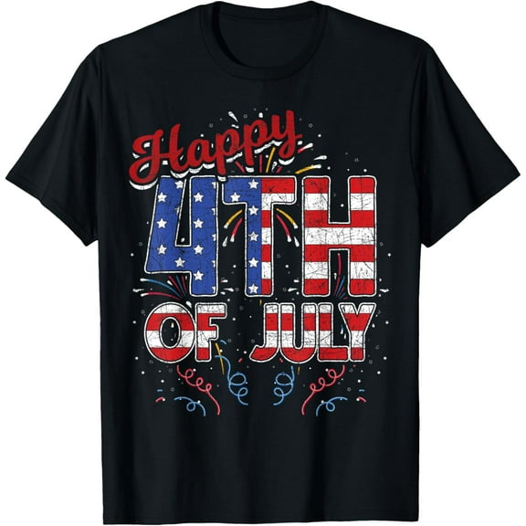 Fireworks Happy 4th Of July US Flag American 4th Of July T-Shirt Tops Tee