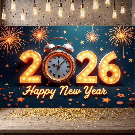 Fireworks Happy New Year Banner Decorative Design Celebration Banner for Holiday Party Indoor Decoration Photo Shoot