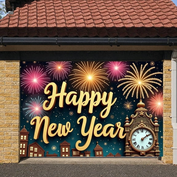 Fireworks Happy New Year Banner Golden Letters New Year Display Clock Tower Night Scene Festive Backdrop for New Year Party Holiday Celebration Indoor Decoration