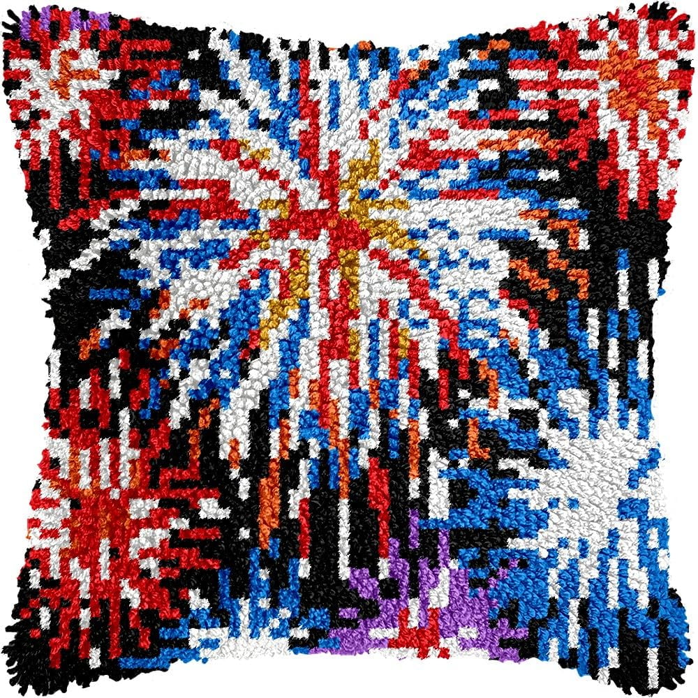 Fireworks Latch Hook Pillow Kits for DIY Throw Pillow Cushion Embroidery Latch Hooking Pillowcase Kits with Preprinted Canvas Crochet Yarn Kits for Home Decor 17''X 17''(d175)