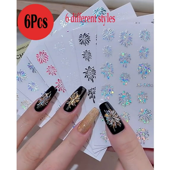 Fireworks Nail Stickers for Girls 6 Sheets Colorful Nail Decals for Christmas Holiday, Nail Art Decorations Stickers for Crafts