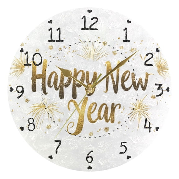 Fireworks New Year Round Wall Clock Silent Analog Battery Operated Gold Pointer Home Decor 9.84" Diameter
