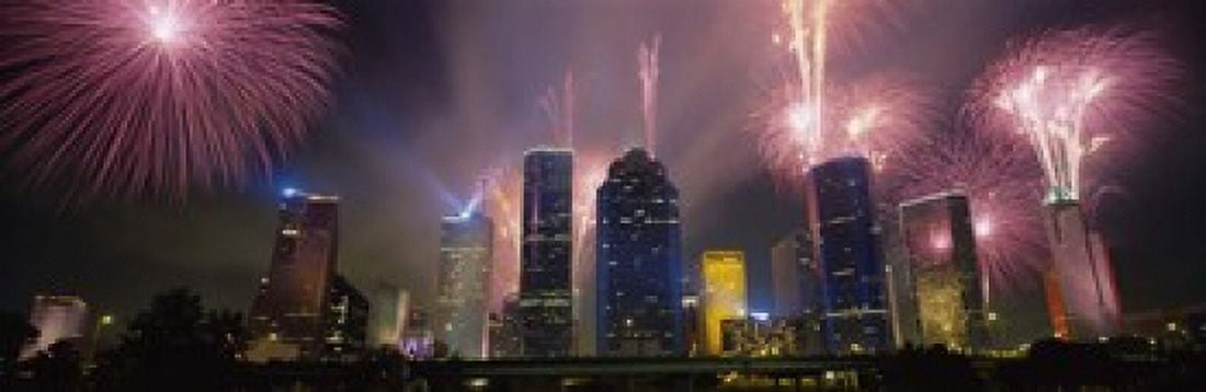 Fireworks Over Buildings In A City Houston Texas USA Canvas Art - Panoramic Images (36 x 12)