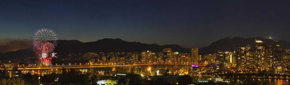 Fireworks Over English Bay During The Celebration Of LightVancouver British Columbia Canada Canvas Art - Robert Postma Design Pics (44 x 13)