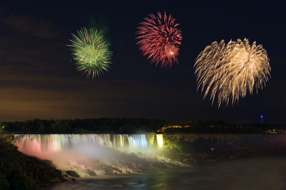 Fireworks Over The American Falls Niagara Falls New York Usa Canvas Art - Darwin Wiggett Design Pics (17 x 11)