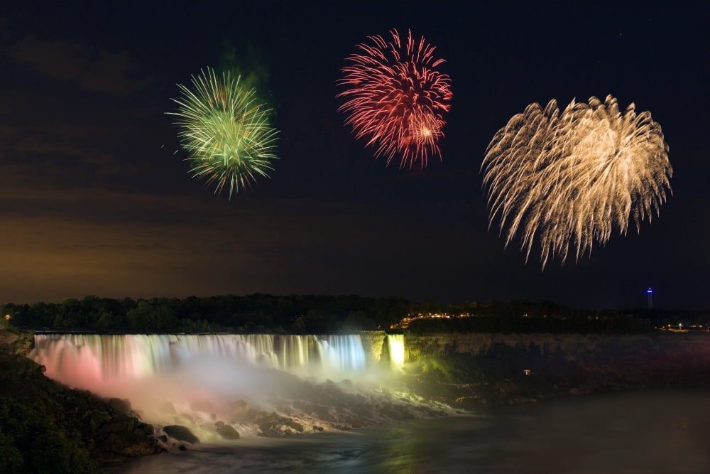 Fireworks Over The American Falls Niagara Falls New York Usa Canvas Art - Darwin Wiggett Design Pics (34 x 22)
