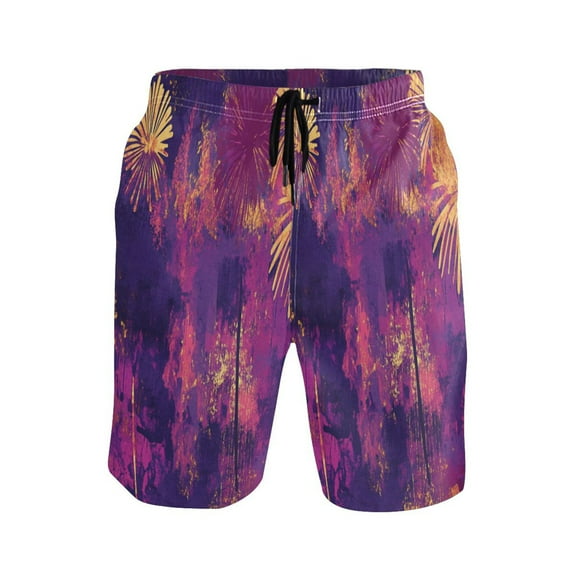 Fireworks Pattern Medium Size Men's Lightweight Beach Shorts with Mesh Lining, Quick Dry