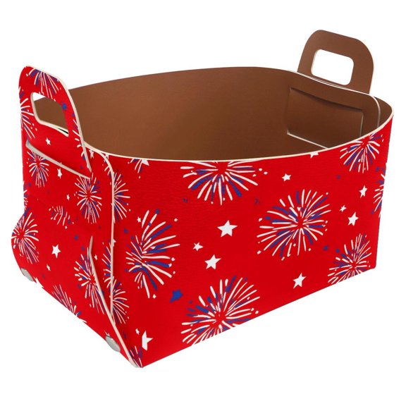 Fireworks Pattern Red Storage Basket Collapsible Storage Bin, PU Foldable Basket Convenient Box Storage Organizer with Handles for Shelves Office Bedroom Closet Nursery Toys Laundry