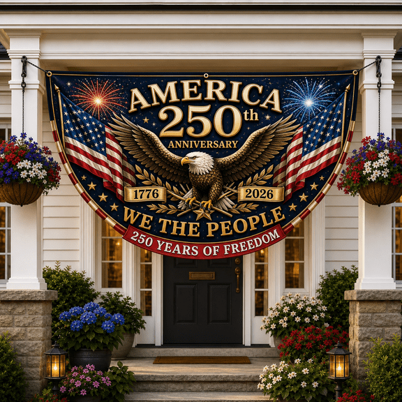 Fireworks Porch Banner USA 250th Patriotic Bunting Flag for July 4 Decor