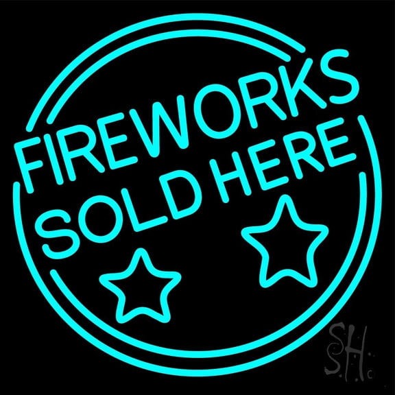 Fireworks Sold Here Circle LED Neon Sign 16 x 16 - inches, Clear Edge Cut Acrylic Backing, with Dimmer - Bright and Premium built indoor LED Neon Sign for special occasion decor.
