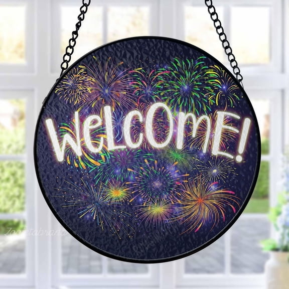 Fireworks Stained Glass Suncatcher Metal Outdoor Decor Festive Celebration Colorful
