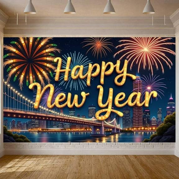 Fireworks Theme Happy New Year Banner City Night New Year Display Golden Lighted Letters Night Sky Design Holiday Backdrop for New Year Party City Celebration Holiday Photography