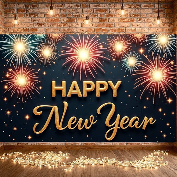 Fireworks Theme Happy New Year Banner Gold Lettering New Year Party Banner Sparkling Design Glitter Effect Celebration Banner for New Year Party Holiday Celebration Indoor Decoration