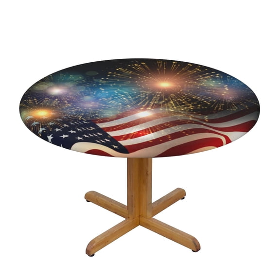 Fireworks Us Flag Fitted Tablecloth Round with Elastic Edged, Waterproof Wipe Clean Table Cover for Outdoor Indoor Patio Kitchen - Fits Tables 45" to 50" Diameter