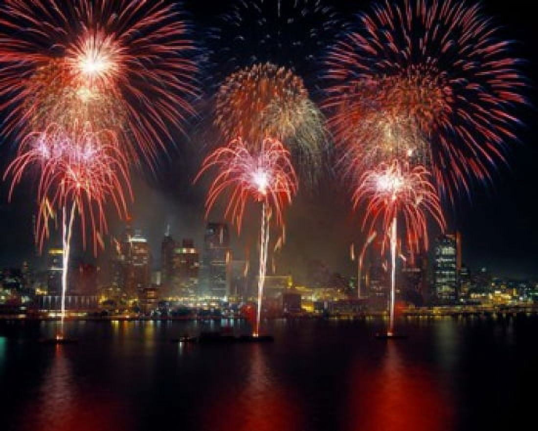 Fireworks display at night on Freedom Festival at Detroit (in Michigan USA) viewed from Windsor Ontario Canada 2013 Canvas Art - Panoramic Images (36 x 29)