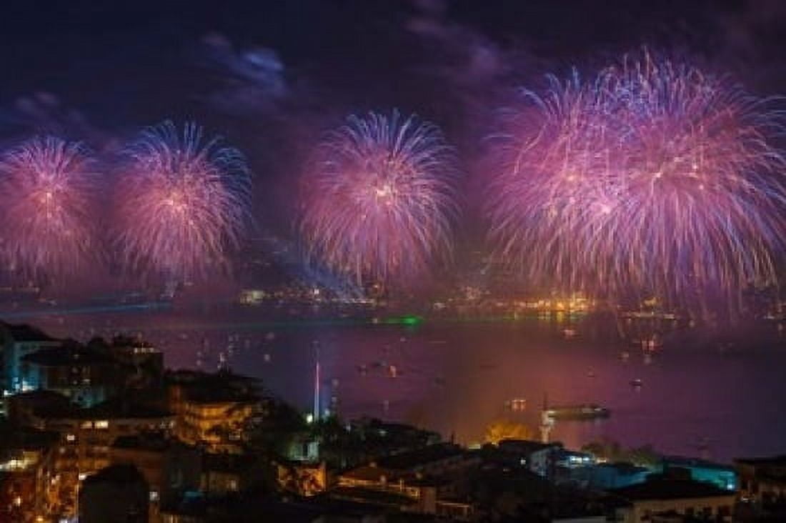 Fireworks display over the Bosphorus Istanbul Turkey Canvas Art - Ali Kabas DanitaDelimont (36 x 24)