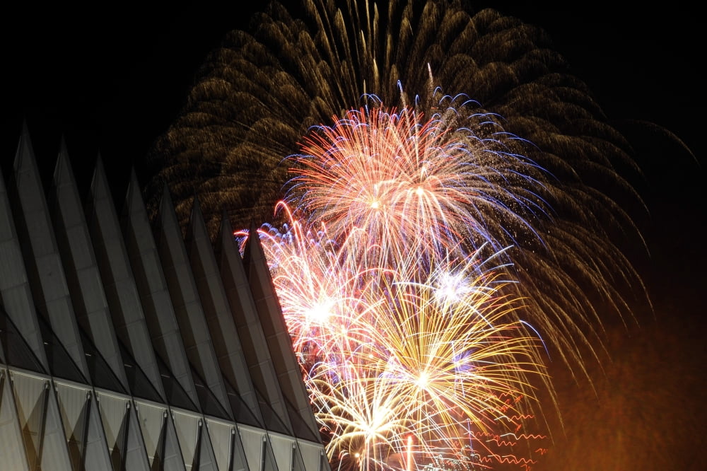 Fireworks explode over the Air Force Academy Cadet Chapel Canvas Art - Stocktrek Images (34 x 23)