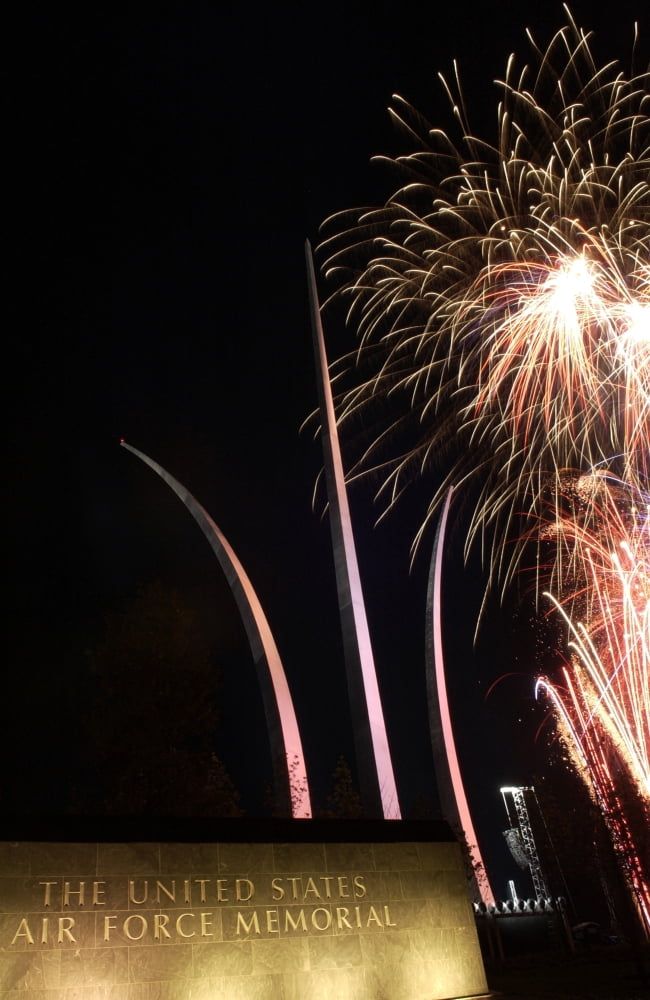 Fireworks light up the Air Force Memorial at Arlington Virginia Canvas Art - Stocktrek Images (22 x 34)