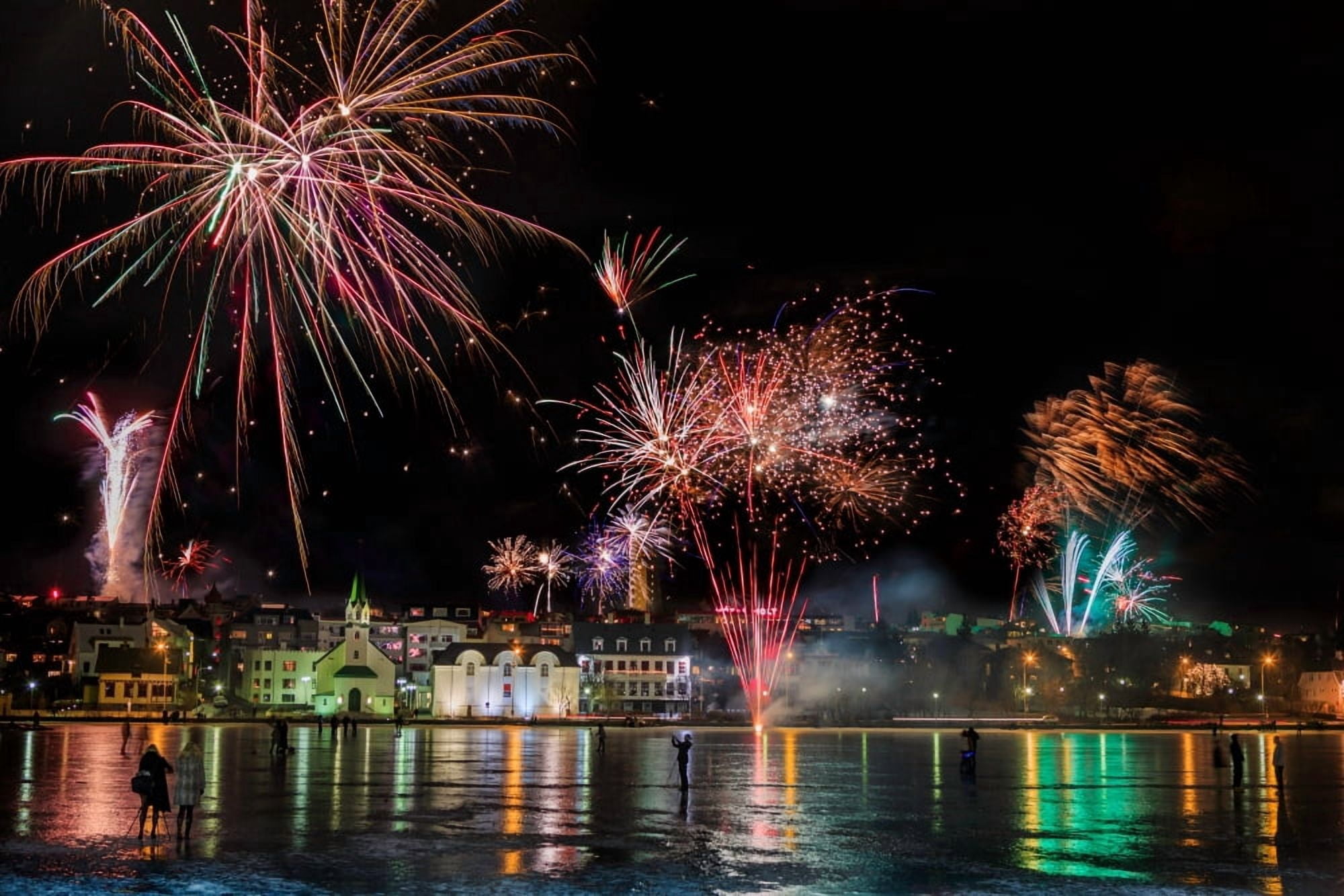 Fireworks on New Years Eve Reykjavik Iceland Canvas Art - Panoramic Images (36 x 12)
