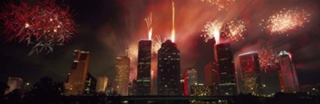 Fireworks over buildings in a city Houston Texas USA Canvas Art - Panoramic Images (36 x 12)
