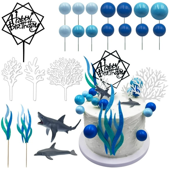 Firleayo Ocean Cake Decorations Shark Cake COC1Topper Shark Dolphin Figurines Decoration Ocean Theme Blue Ball Cake Decor Sea Cupcake Topper for Birthday Party