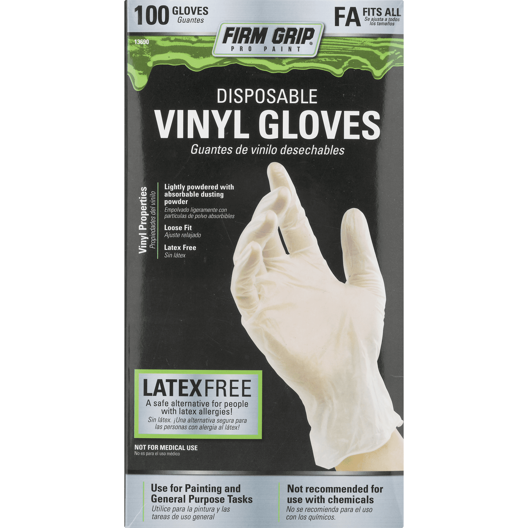 Firm Grip Pro Paint 13690-16 Disposable Vinyl Gloves, Latex Free, Clear, 100-Count, One Size