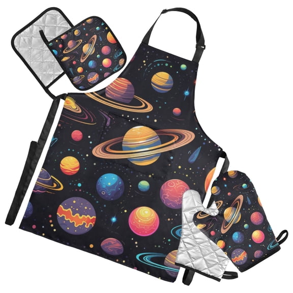 Firmament Planets 5 Pcs Kitchen Set Heat Resistant Oven Mitts and Non-Slip Pot Holders with Adjustable Cooking Apron