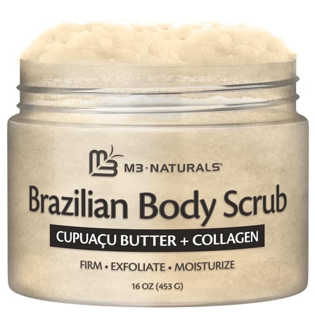 M3 Naturals Brazilian Body Scrub, Exfoliating Body Scrub with Jojoba Oil and Collagen, 16 oz