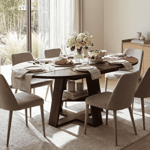 DRLOVELY 43.3" to 59" Extendable Round Dining Table for 4 to 6, Farmhouse Kitchen Table with Storage Shelf, Space Saving Wood Dinner Table for Dining Room, Small Spaces, Walnut
