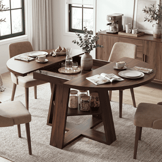 DRLOVELY 43.3"-59" Extendable Round Dining Table for 4-6, Walnut Kitchen Table with Storage Shelf, Wood Table for Small Spaces
