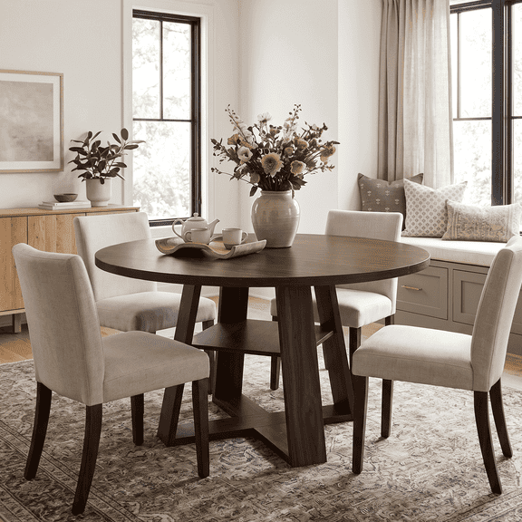 DRLOVELY 47.2" Round Dining Table for 4 to 6, Farmhouse Circle Kitchen Table with Storage Shelf, Space Saving Wood Dining Room Table for Small Spaces, Walnut